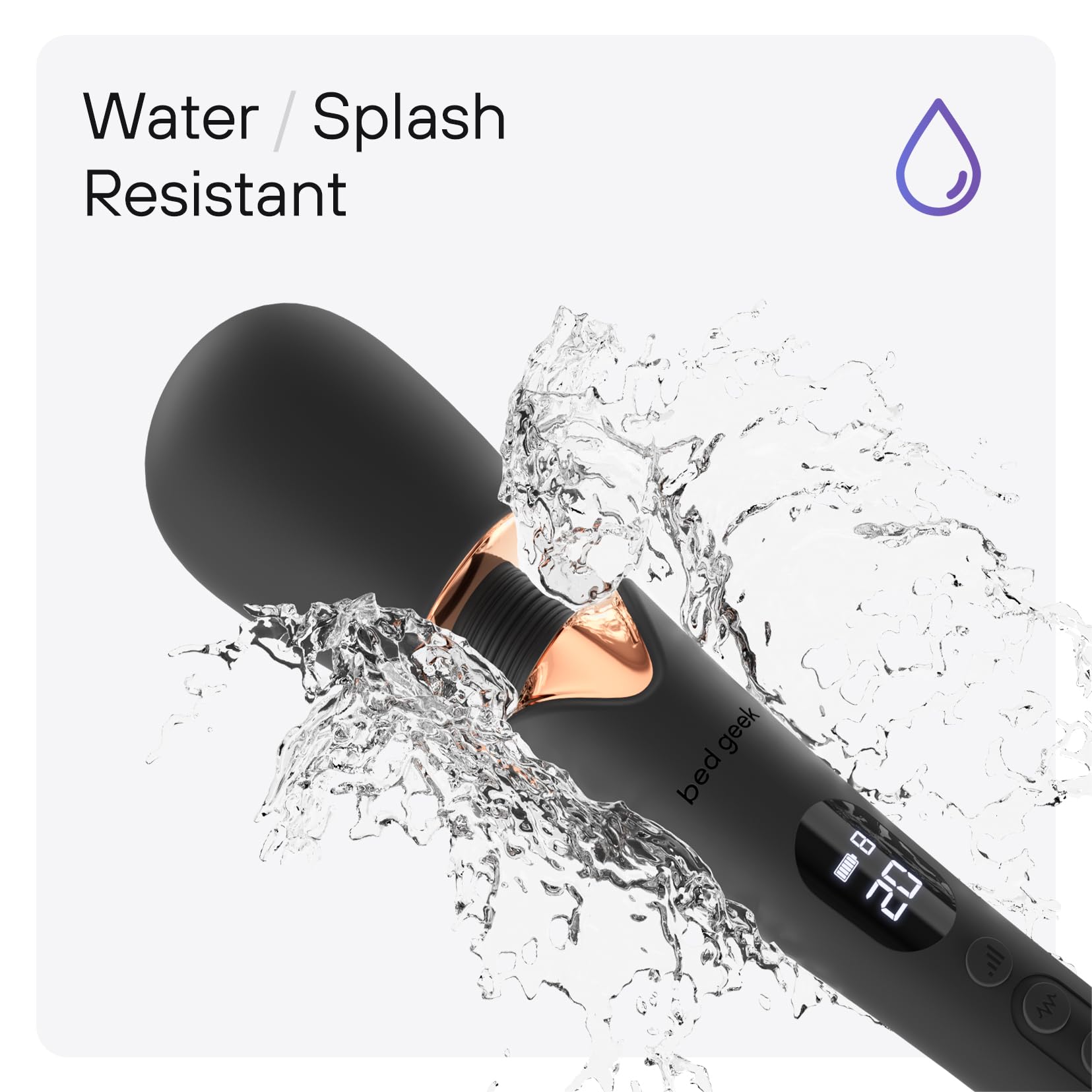bed geek Cordless Wand Massager – Super Powerful Handheld Massage with 20 Speeds & 8 Patterns, Soft Silicone Head, Quiet Motor, LED Display, Body-Safe & Waterproof Black & Rose Gold