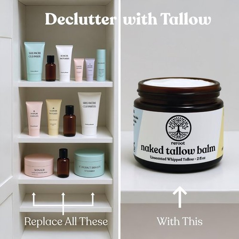 Reroot Organics Beef Tallow Balm for Skin | NAKED TALLOW BALM | 1 Ingredient - 100% Grass Fed Grass Finished Tallow | Whole Body & Face Moisturizer | Whipped | Dry Skin, Eczema, Rosacea, (2oz)