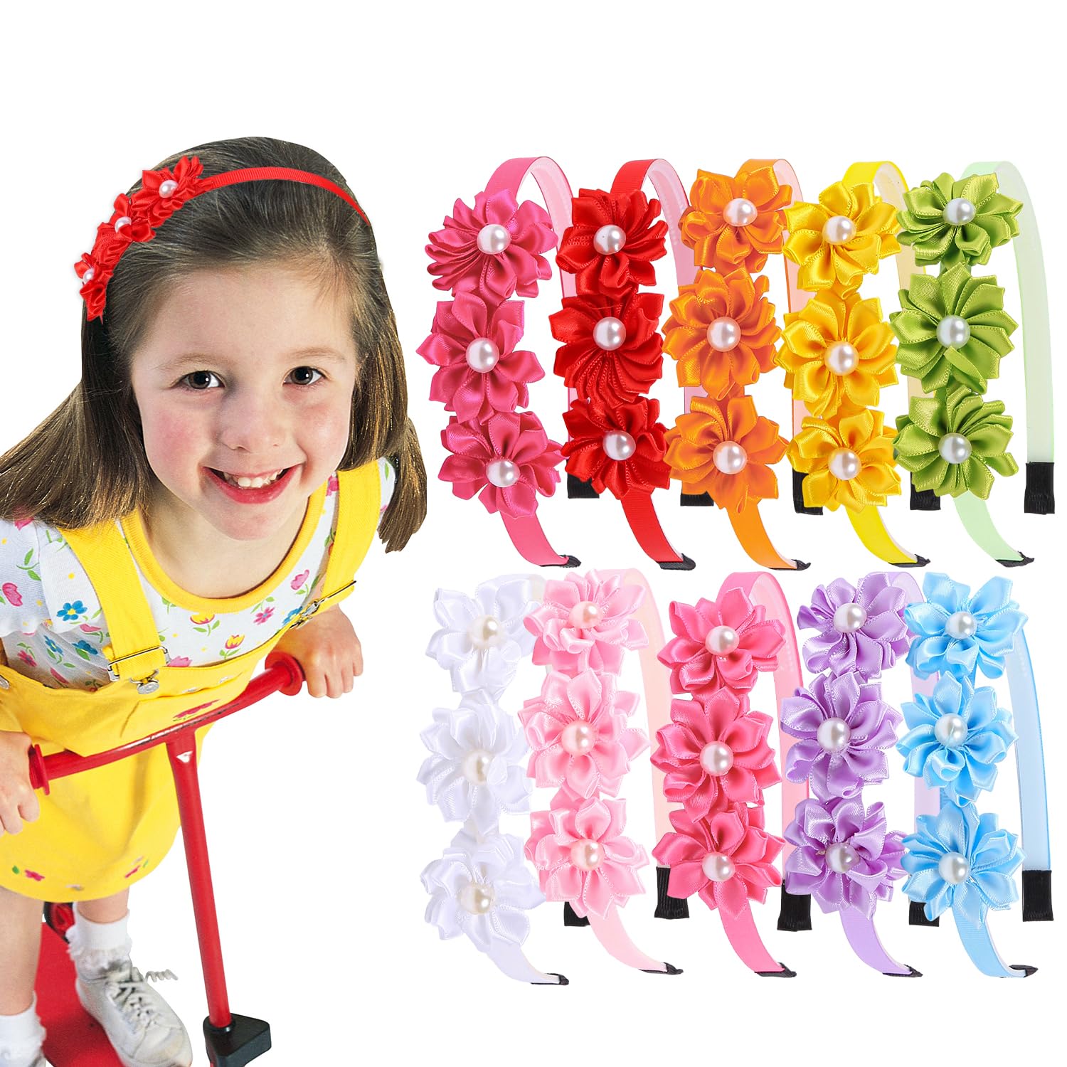 XIMA Pearl Flower Headbands for Girls,Satin Hair Bands with Flowers, Multiple Colors Pack of 10