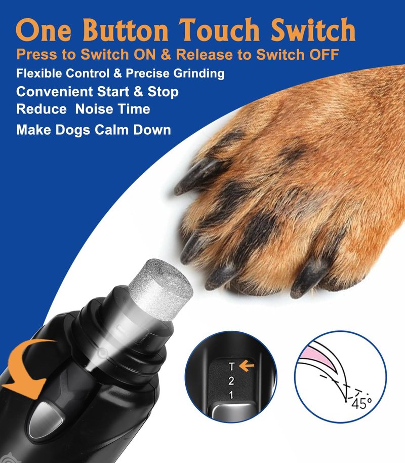 Petsaunter Dog Nail Grinder, 2-Speed and LED Light, Touch-Switch, TypeC, Quiet and Low-Vibration Dog Nail Trimmers, and 3 Ports for Large Dogs, Medium, Small Dogs Cats Pets with Hard or Thick Nail