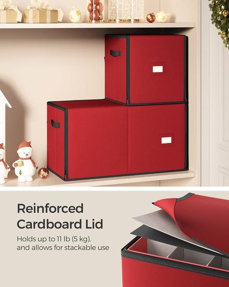 SONGMICS Large Christmas Ornament Storage Box - Stackable Container with 128 Slots & Lid, Cherry Red