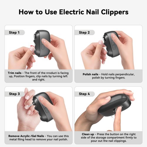 Electric Nail Clipper Fingernail Trimmer: 3-in-1 Automatic Nail Polisher with LED Light, Clip Storage, 2-Speed, Rechargeable Smart Nails Cutter Easy to Use for Seniors, Baby, Adult, Kids, Black
