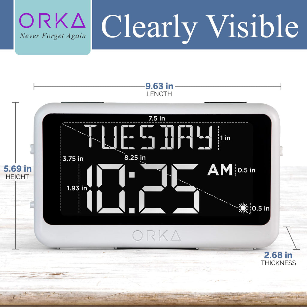 ORKA Talking Clock. Voice Recordable Ex Large Medication Pill Reminder. Talking Alarm Clock for Dementia, Hearing, Visually impaired Seniors-Digital Day Clock with Multiple Customized Alarms White