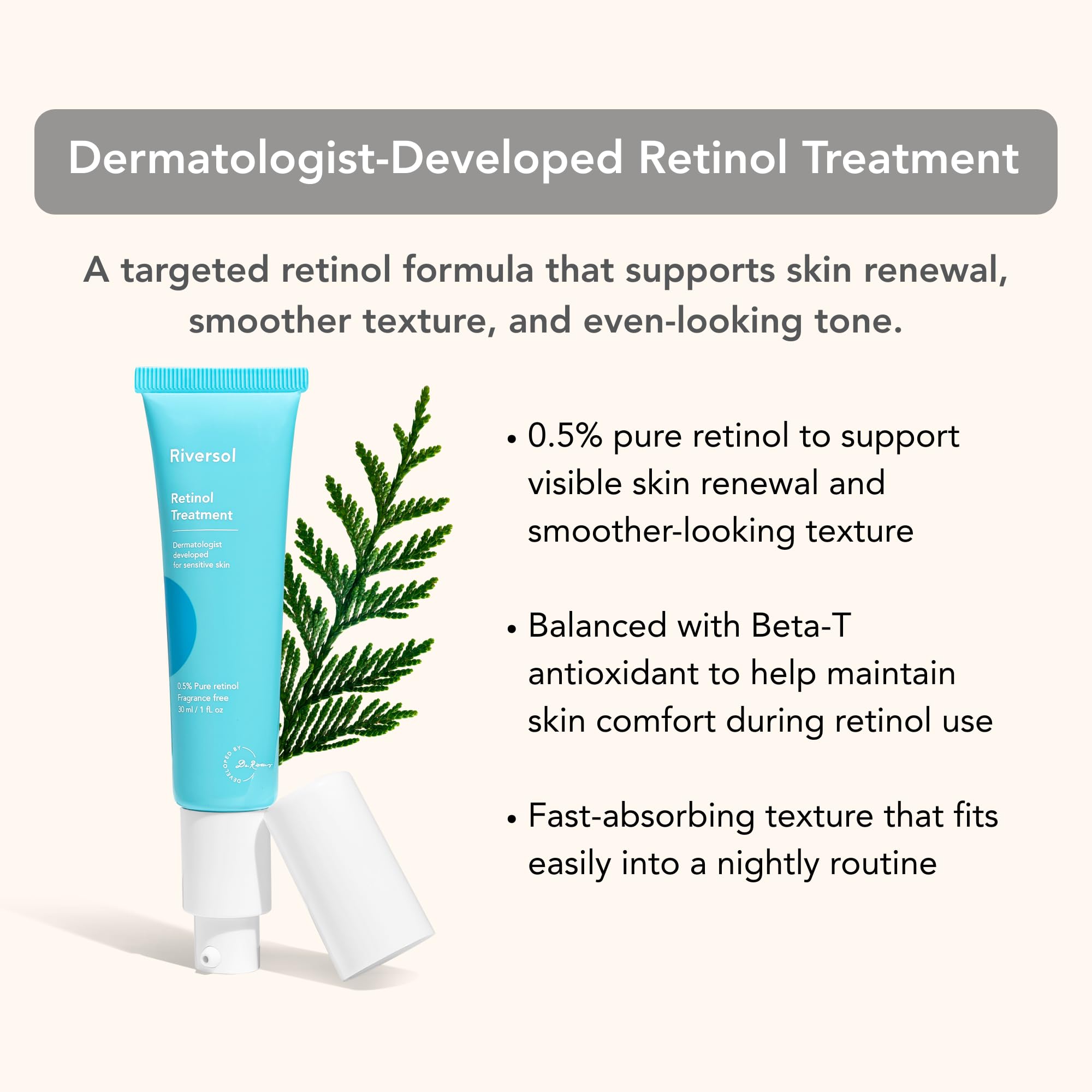 Riversol Retinol Night Cream for Sensitive Skin | 0.5% Retinol for Face & Eye Area | Gentle Anti-Aging Treatment for Fine Lines & Wrinkles | With Peptides & Hyaluronic Acid | Dermatologist Developed