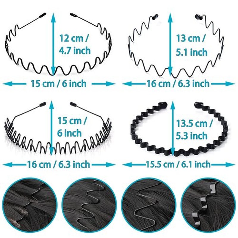 KELUBATU Metal Headband for Men, Unisex Black Wavy Spring Hair Band, Zig Zag Head Band, Fashion Elastic Hair Accessories, Multipack Options Available(8pcs)
