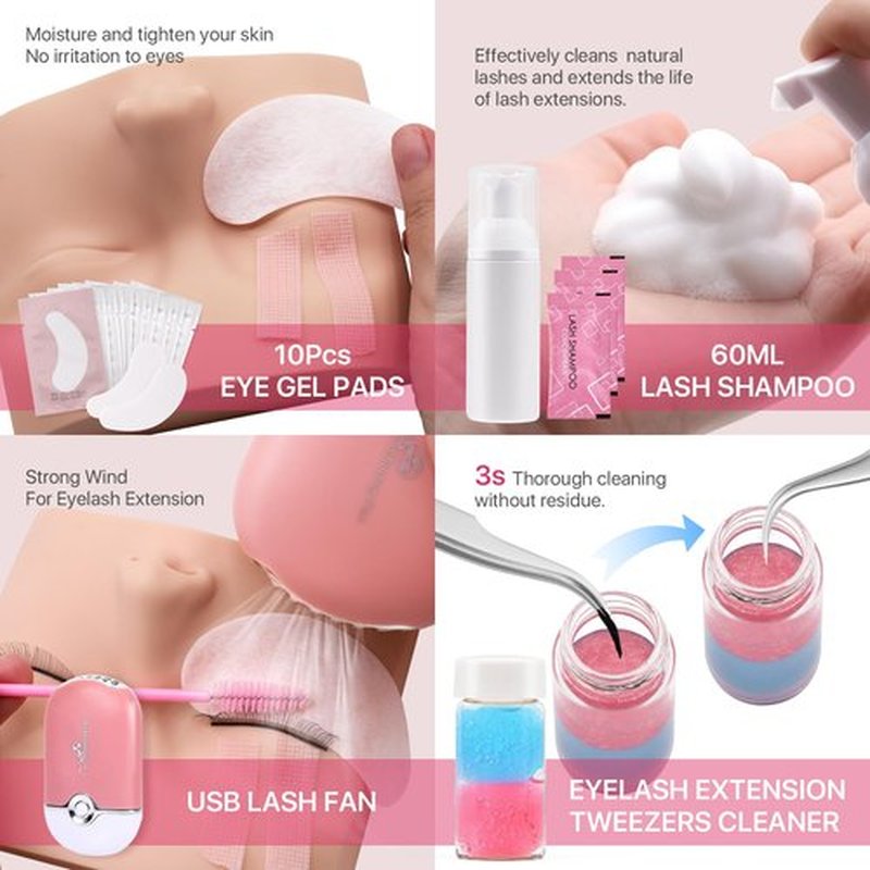 Pretty memory Eyelash Extension Kit for Beginners, 343 Pcs Lash Extension Kit with Everything Includes 2 Mannequin Heads Facial Mister Tweezers Glue USB Fan for Practice Training