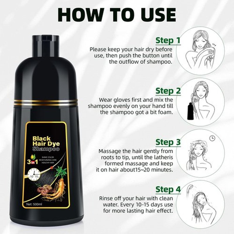 Black Hair Dye Shampoo 3 in 1 for Gray Coverag Color Shampoo for Women/Men Instant Herbal Semi Permanent champu para canas