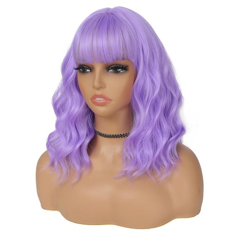 BEAUTIFA Purple Wig with Bangs for Women 14 Inch Lavender Wigs Short Bob Wavy Curly Wig Heat Resistant Synthetic Colorful Wig