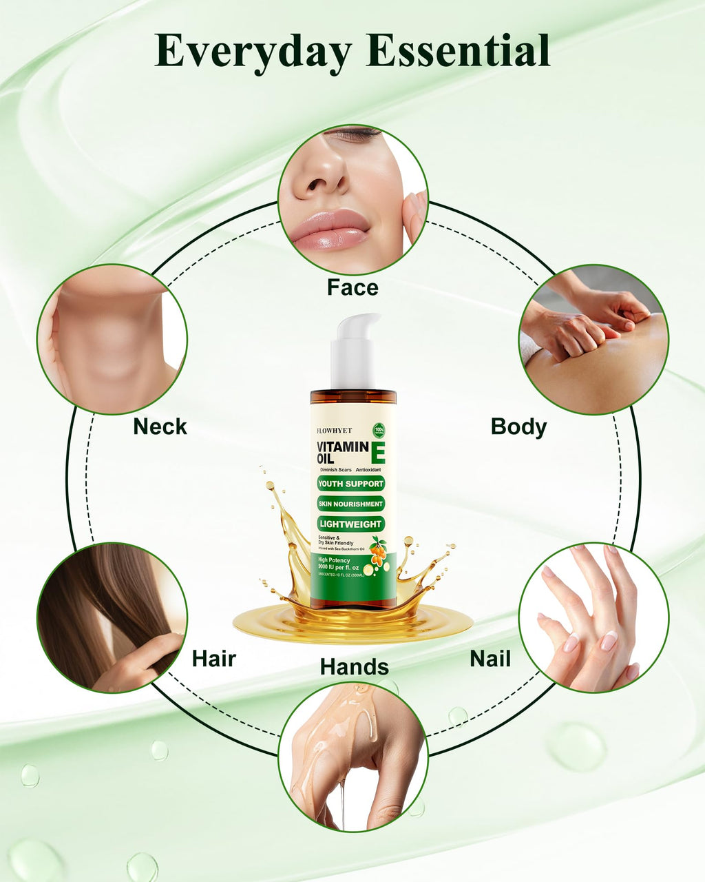 FLOWHYET 16 Floz Pure Vitamin E Oil For Scars, Organic vit e Nail Oil for Face, Skin, Body and Hair, Nourish Dry Skin, Maintain Youthful, Antioxidant, Fade Scars LIGHTWEIGHT - 500ml