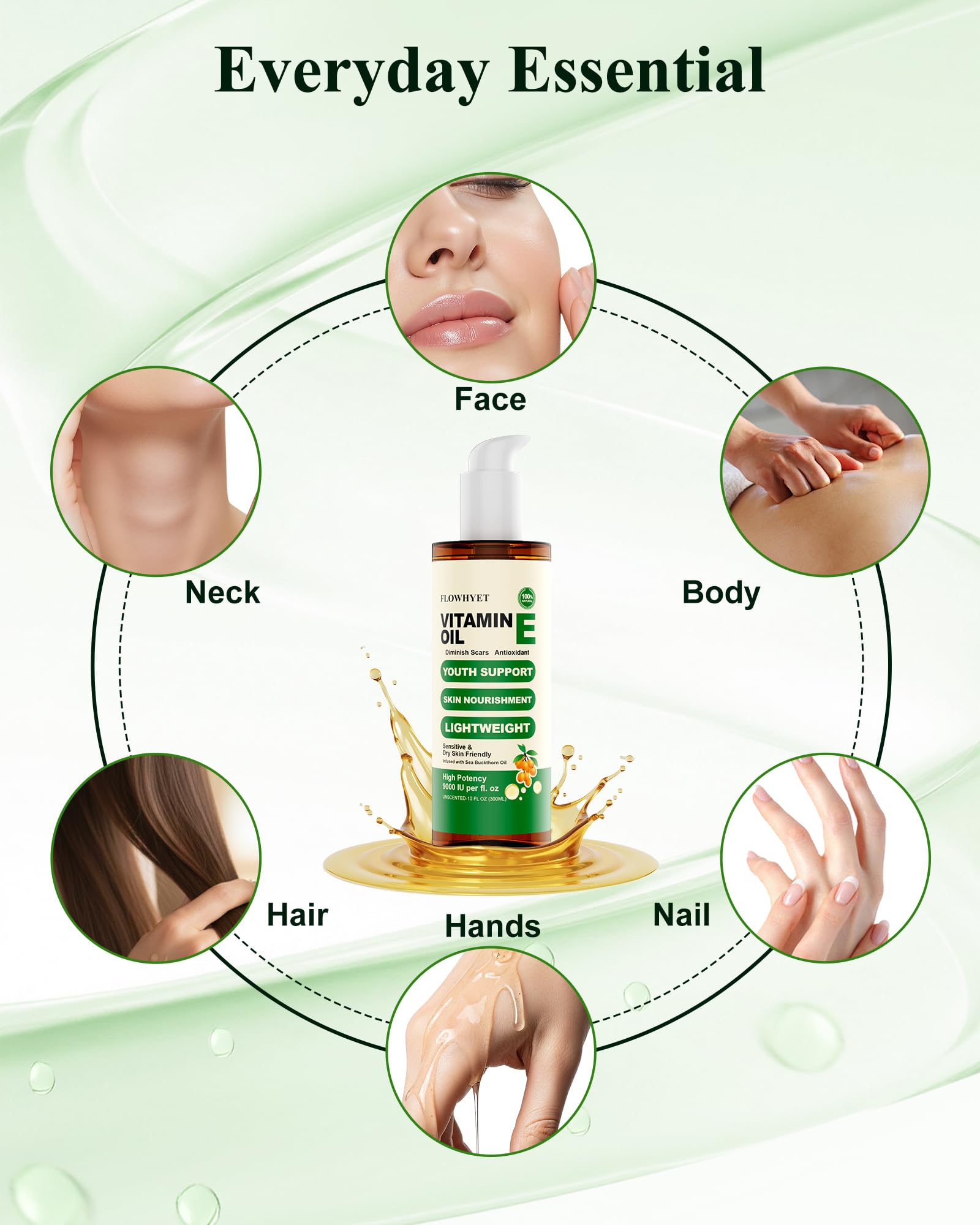 FLOWHYET 16 Floz Pure Vitamin E Oil For Scars, Organic vit e Nail Oil for Face, Skin, Body and Hair, Nourish Dry Skin, Maintain Youthful, Antioxidant, Fade Scars LIGHTWEIGHT - 500ml