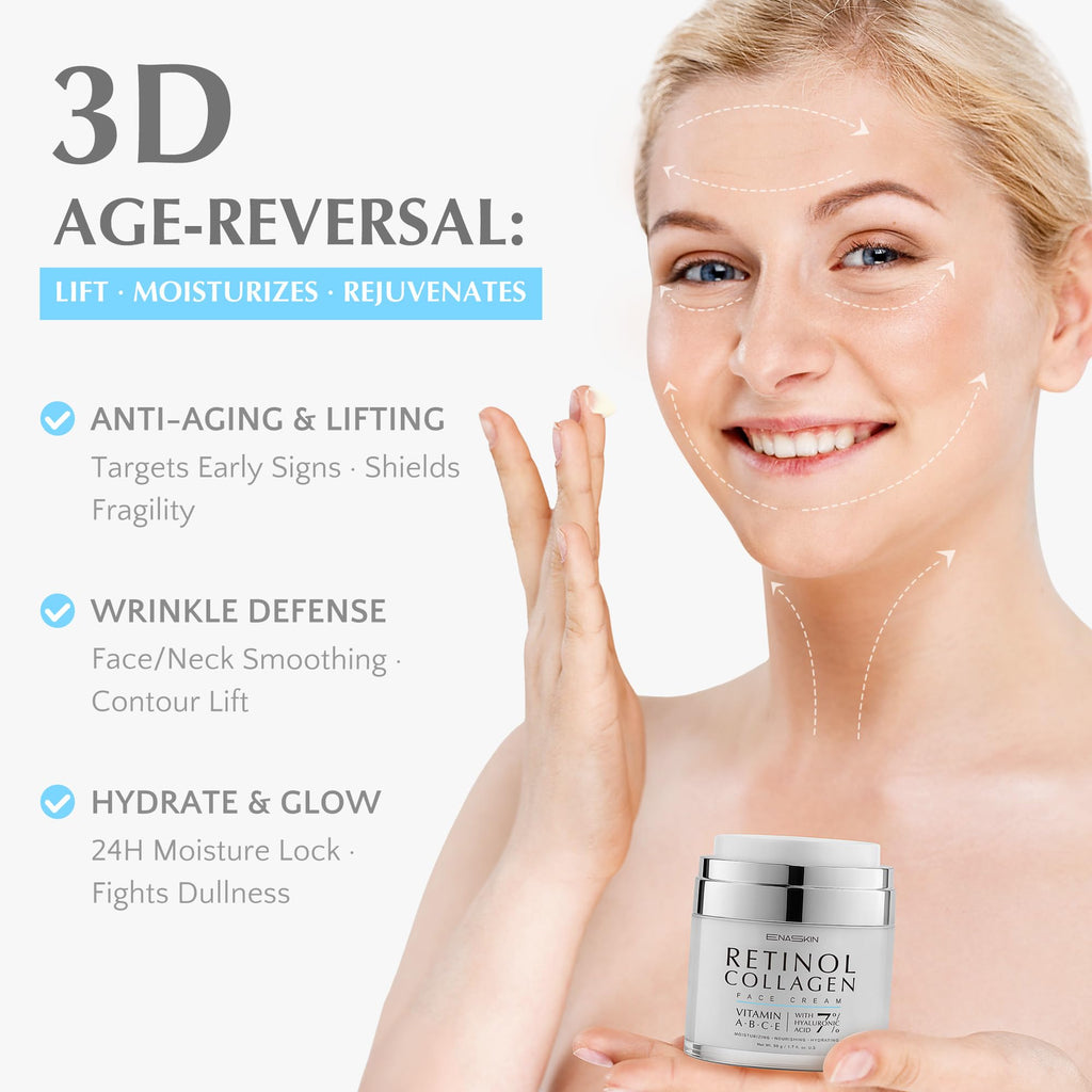 EnaSkin Retinol Collagen Face Cream: Wrinkle Cream for Women, Neck & Décolleté Anti Aging Moisturizer with 7% Hyaluronic Acid Serum - Day/Night Skin Firming & Tightening, 1.7 Oz