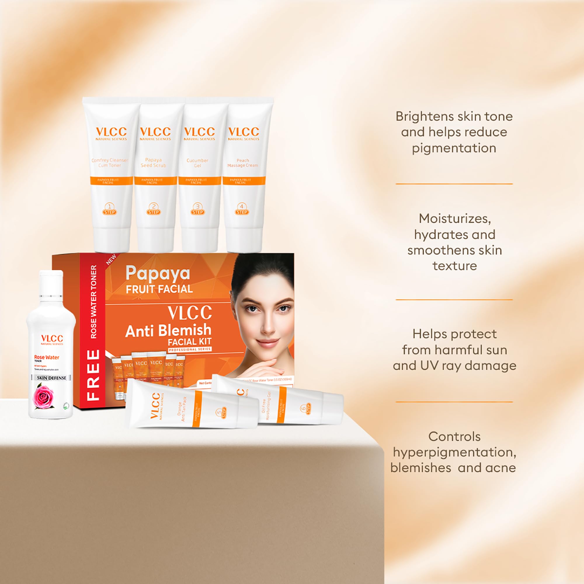 VLCC Anti Blemish Facial Kit - Includes 7 Skin Care Products - Face Wash and Facial Cleanser with Papaya, Cucumber, Aloe Vera and Orange Peel - 7 Pc