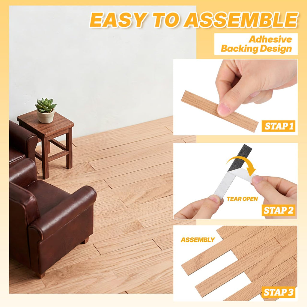 Angoily 40 Pcs Peel and Stick Dollhouse Flooring Miniature Floorboard Wood Grain Tiles for 1 12 Scale Doll House Accessories DIY Room Decor 3.93 X 0.59 in
