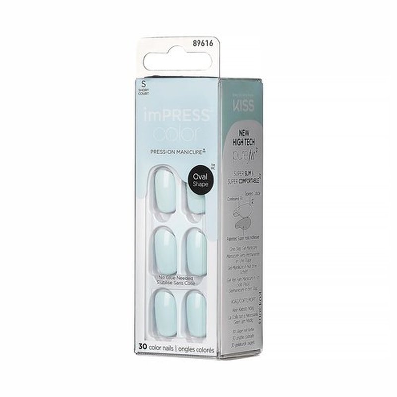 KISS imPRESS Color No Glue Mani 30 Pcs Press On Nails, Light Blue, Short Size, Oval Shape, Simple Peel & Press Easy Apply, Hassel-Free Removal, Essential Tools Included