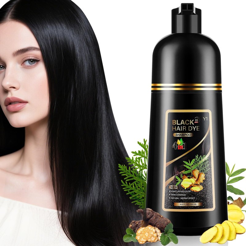 YUOLITA 4 in 1 Black Hair Dye Shampoo for Gray Hair, Semi-Permanent Instant Hair Color Shampoo for Women and Men, Herbal Ingredients Hair Care, 100% Grey Coverage 500ml