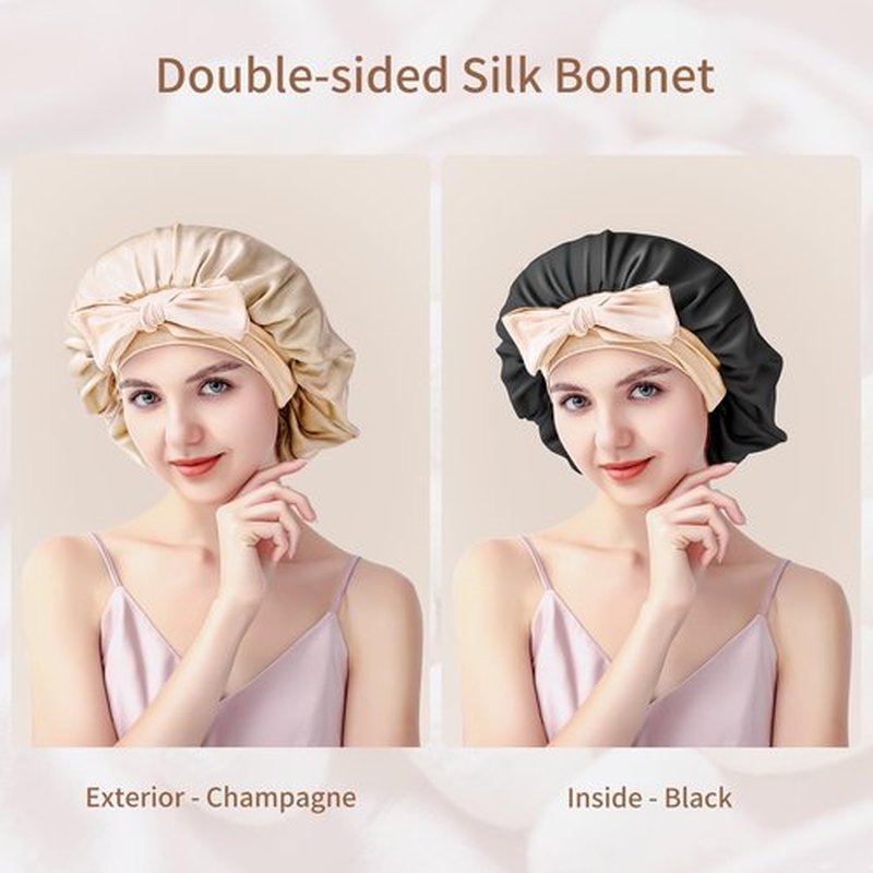 SILMANA Silk Bonnet for Sleeping Women, 22 Momme 100% Mulberry Silk Sleep Cap, Double-Layer Reversible Silk Hair Wrap for Women & Night Hair Care, Fits All Hair Types - Champagne