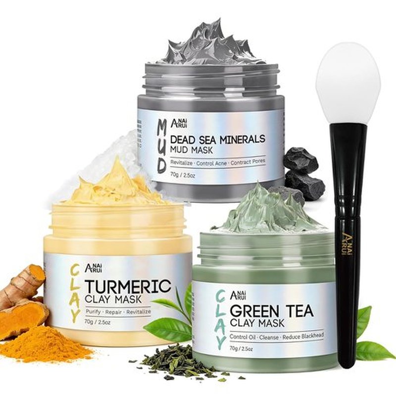 ANAI RUI Face Mask Set - Turmeric, Green Tea & Dead Sea Mud Masks for Oily Skin | Spa Gift Set for Women & Teens - 2.5 oz Each