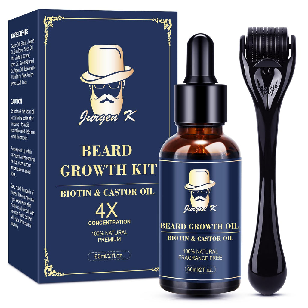 Beard Growth Kit, Beard Growth Oil (2Oz) w/Biotin & Castor Oil, Beard Massager for Patchy/Spot Beard, Beard Kit for Men's Grooming, Dad Day Gifts Fathers Day, Birthday Gifts for Him Boyfriend Husband