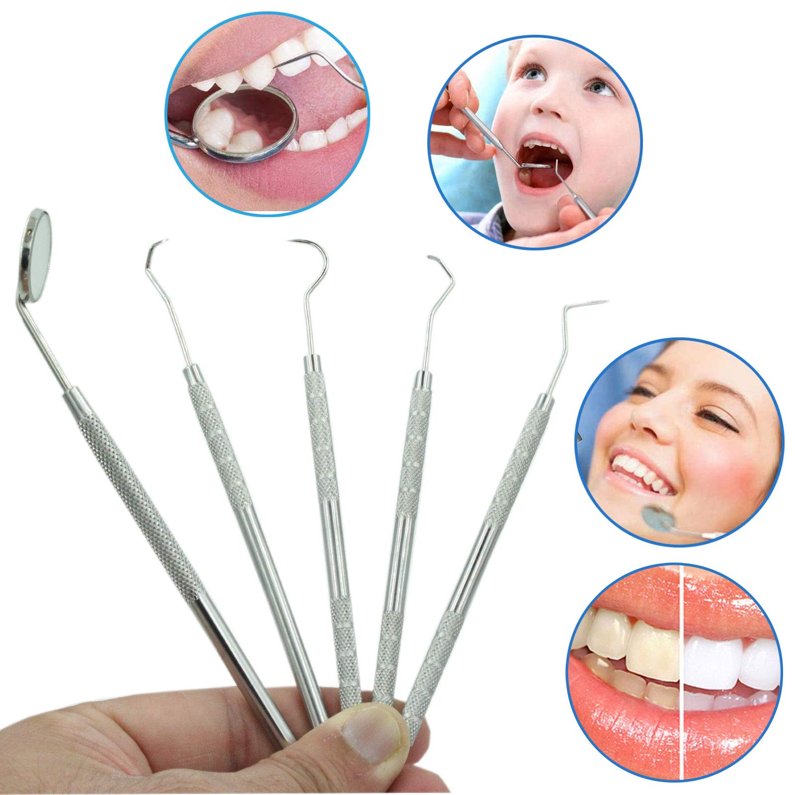 Professional Dental Tools - Dental Pick, Dental Scaler for Tartar Plaque Remover Tooth Cleaner Teeth Scraper Dentist Hygienist Kit Sickle Scaler Teeth Cleaning Set Stainless Steel 5 Pc By Krisp Beauty