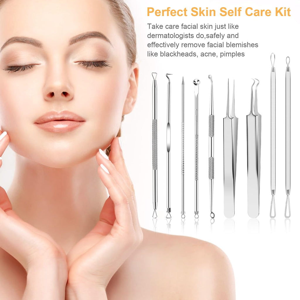 UUBAAR 9PCS Blackhead Remover Tools, Pimple Popper Tool Kit with 2 Tweezers, 304 Stainless Steel Comedone Extractor, 16 Precision Heads Face Nose Acne Zit Removal, Home Esthetician Use & Leather Case