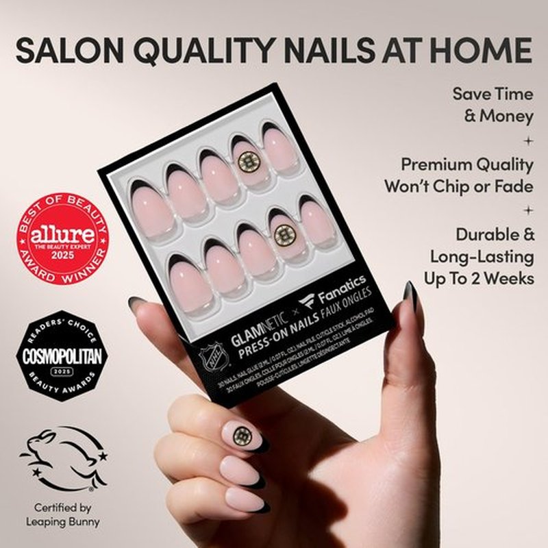 Glamnetic x Fanatics Press On Nails - Boston Bruins | Short Almond Fake Nails, NHL Bruins Black French Tips, Hockey Nails, Salon-Quality | 15 Sizes - 30 Nail Kit with Glue