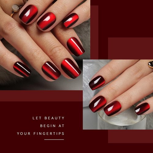 CUZIAM Wine Red Cat Eye Press on Nails Short Square, 32Pcs 16 Sizes Soft Gel Dark Black Red Glue on Nails for Women, Glossy Reusable Natural Fit Full Cover Stick on Nails Coffin Fake False Nails Kit