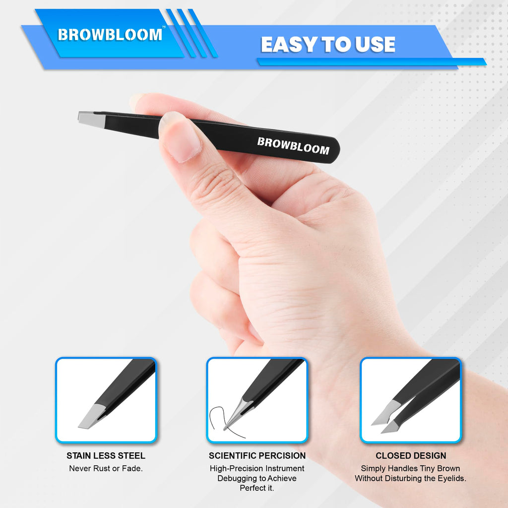 BROWBLOOM 4Piece Set of Professional Tweezers for Women Facial Hair, Black Stainless Steel Precision Tweezer for Ingrown Hair, Eyebrow Tweezers for Men Comes in Carrying Pouch (Black Set)