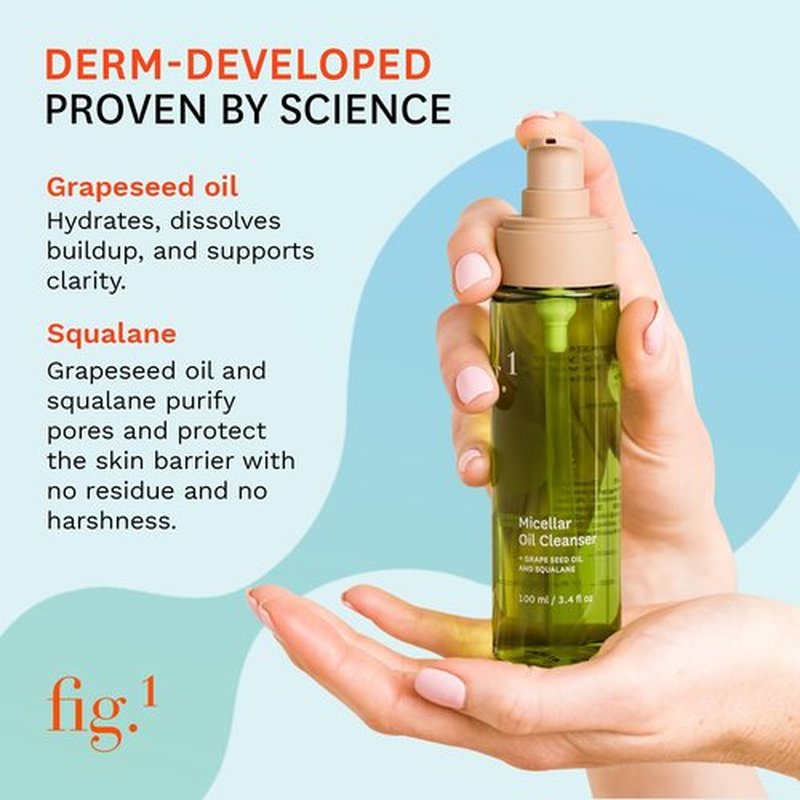 Fig.1 Micellar Oil Cleanser for Face - Makeup Remover Cleansing oil, Facial Cleanser - Squalane & Grapeseed Oil Formula, Cleanse without Clogging Pores, Acne-Prone Facial Skincare, Refillable 3.4 Oz