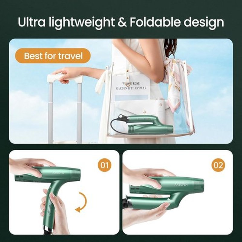 Skiennix Compact Negative Ion Hair Dryer - Lightweight, Foldable Design with Diffuser | Fast Drying for All Hair Types