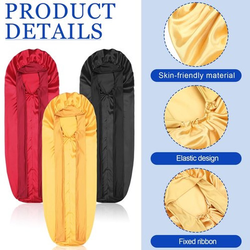 Geyoga 3 Pcs 40 Inches Extra Long Satin Braid Bonnet for Sleeping Silk Hair Bonnet for Women with Tie Band Foldable Braids Hair Sleep Tie, Black, Wine Red and Gold