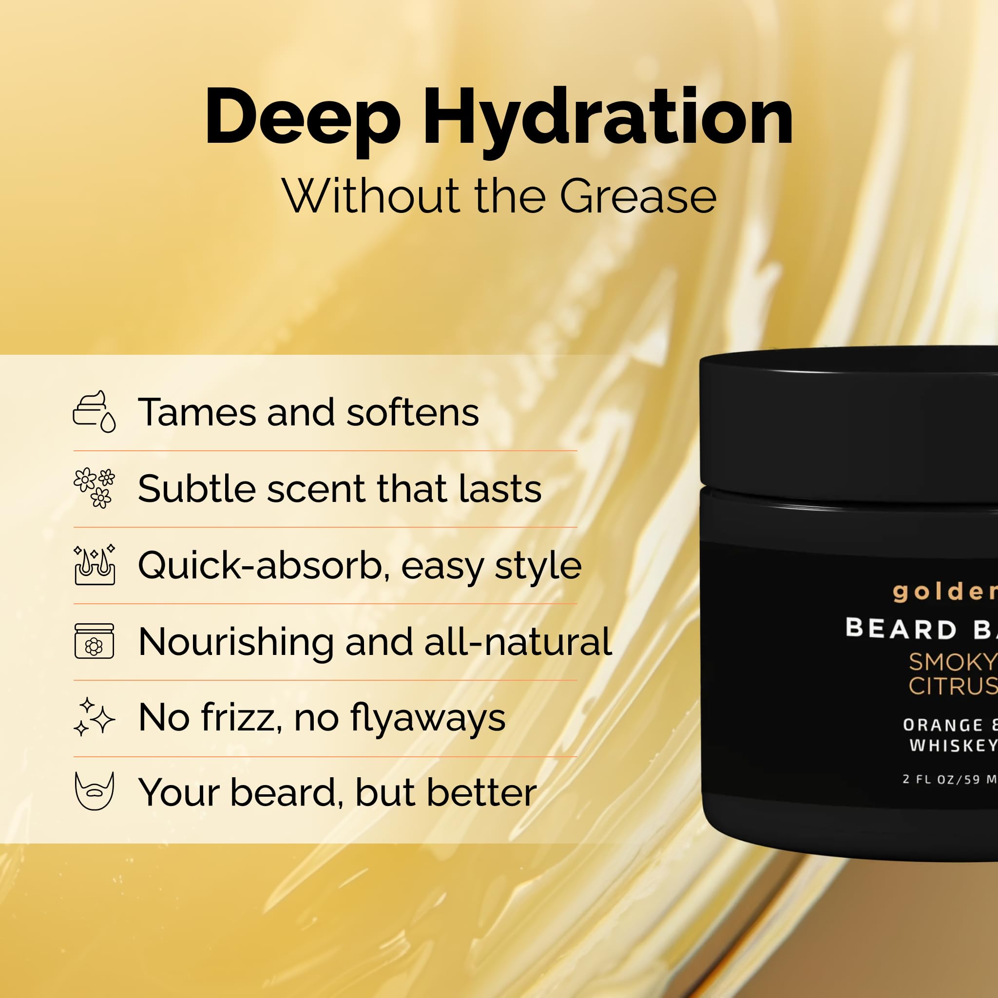 Golden Grooming Beard Balm - Tames Flyaways & Promotes Thicker Growth - Natural Styling Wax with Shea & Mango Butter - Relieves Beard Itch & Dandruff - Smoky Citrus, 2oz