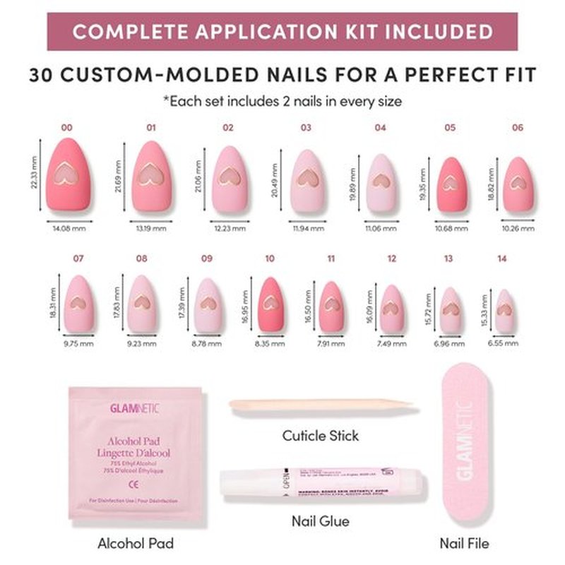 Glamnetic Press On Nails - Matte In Love | Short Almond Fake Nails with Metallic Gold Hearts | 30 Nail Kit in Mixed Pink Tones
