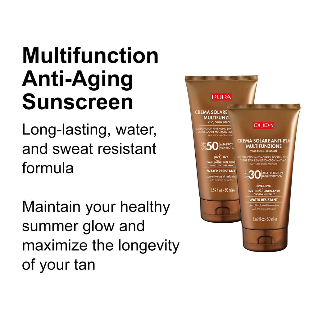 PUPA Milano Multifunction Anti-Aging Water Resistant Sunscreen For Face SPF 30 - Fast-Absorbing - Complete Protection Against UVB, UVA, Long UVA And Infrared Rays - Stimulates Melanin - 1.69 Oz
