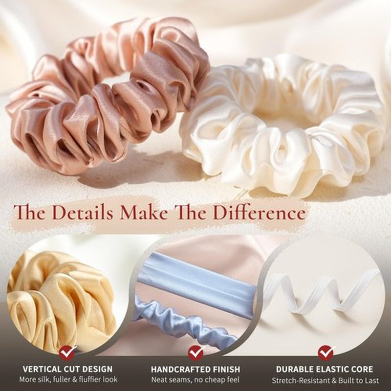 Silk Hair Ties 3 Pack 6A 100% Mulberry Silk Scrunchies 22 Momme Small Sleep Ties and No Damage No Crease for Women Girls Curly Thick Thin Hair, Sample Fabric Provided (Coral & Light Brown & Beige)
