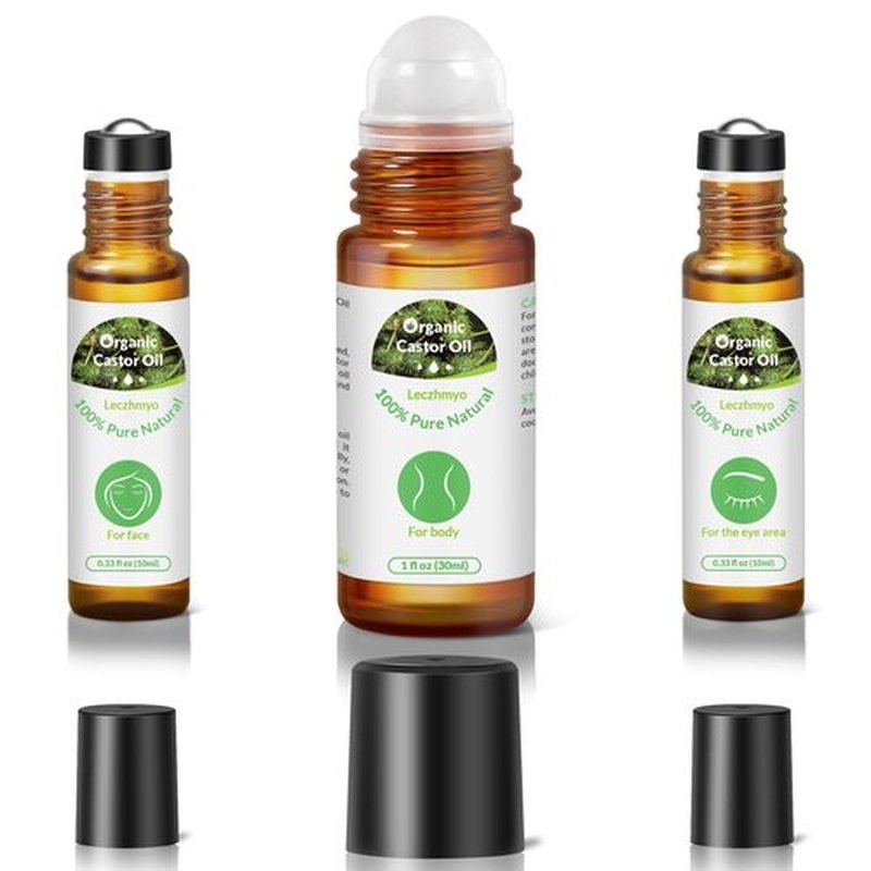 Leczhmyo Organic Castor Oil Roll on for Belly, Face, Body, Under Eyes– Certified Organic, Cold Pressed, Hexane Free, Unrefined – 3 Glass Bottle Pure Roller Ball Castor Oil to Moisturize Skin, Lips
