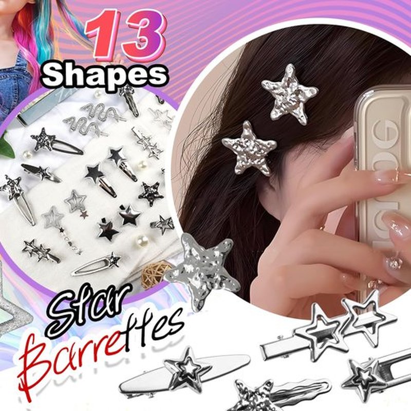 22 Pcs Silver Hair Clips Metal Star Barrettes, 13 Shapes Hairpin Barrettes, Goth Hair Pins Set, Punk 2000s Hair Accessories for Women and Girls Styling Star Hairpin (22 PCS)