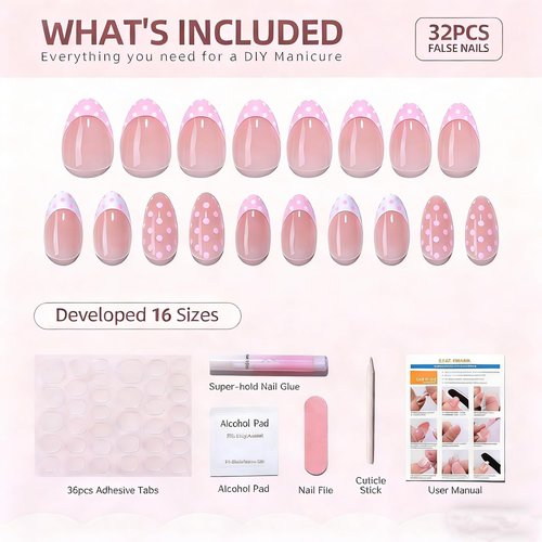 Pink Polka Dot French Tip Short Almond Press on Nails - Glitter Dots Gel Nails Kit, Reusable 32 Pcs with Glue & 16 Sizes for Women, Parties, Daily