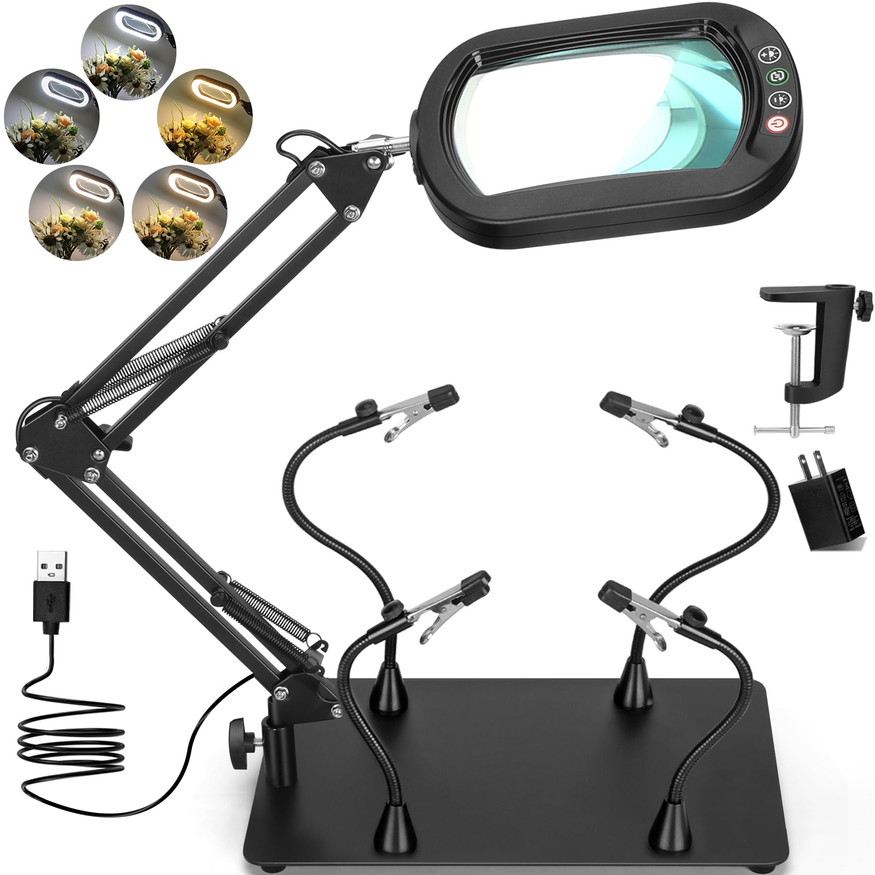 Drdefi Helping Hands Soldering Station, 10X Square Magnifying Glass with Light and Stand, 4 Magnetic Third Hands Soldering Tool, PCB Holder Solder Magnifier Desk Lamp for Soldering Electronic Repair