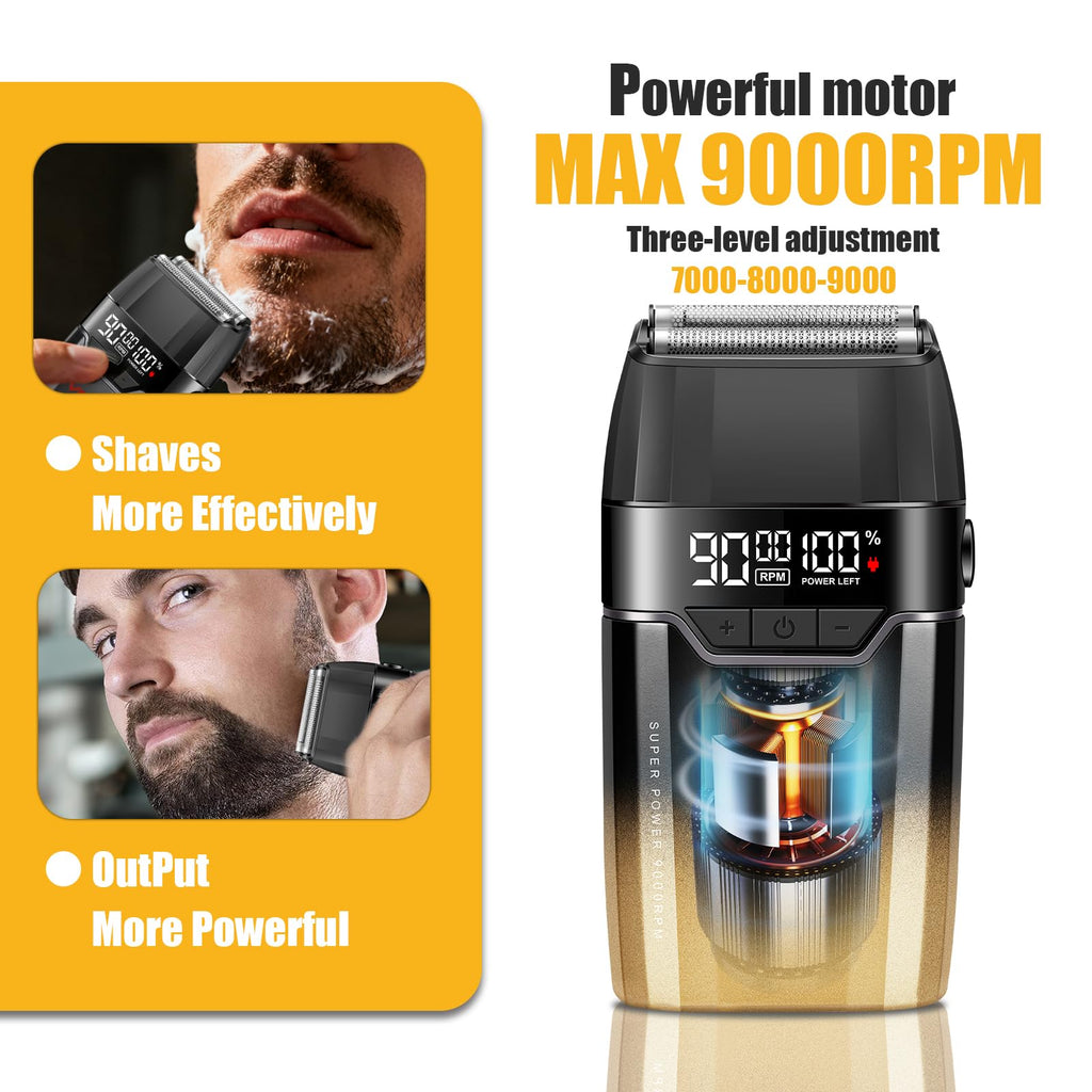 VGR 308 Electric Shavers for Men, Professional Double Foil Shaver 9000RPM Cordless Head Shaver with Titanium Foils, LED Display, USB Rechargeable Men's Electric Razor for Face & Beard, Gold