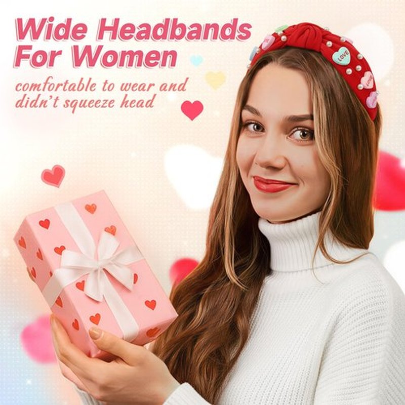 Hoteam 6 Pieces Valentine Headband for Women Beaded Love Heart Headband Pearl Rhinestone Crystal Jeweled Knotted Hairband for Valentine Hair Accessories Gifts(Red, Rose Red, White)