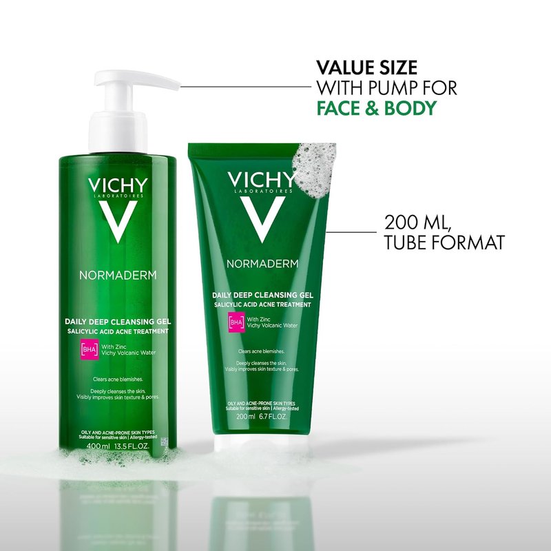 VICHY Normaderm Acne Face Wash - Salicylic Acid Cleanser for Oily Skin | Clears Clogged Pores & Blackheads