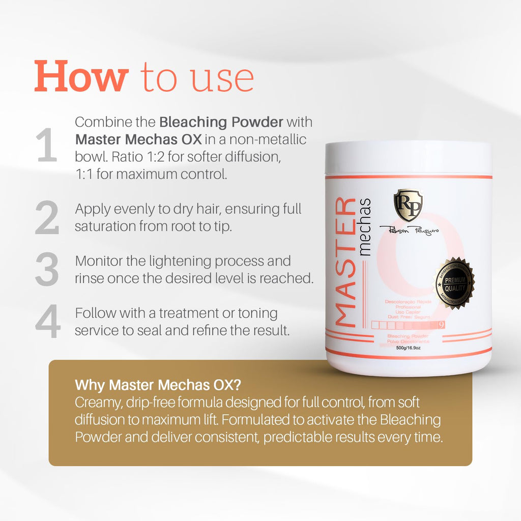 Robson Peluquero Master Mechas Dust-Free Hair Bleach Powder 500g | Fast, Clean & Controlled Lift | Bleach for Hair, Keratin & Amino Acid Fiber Protection for Highlights, Balayage & Global Blonding