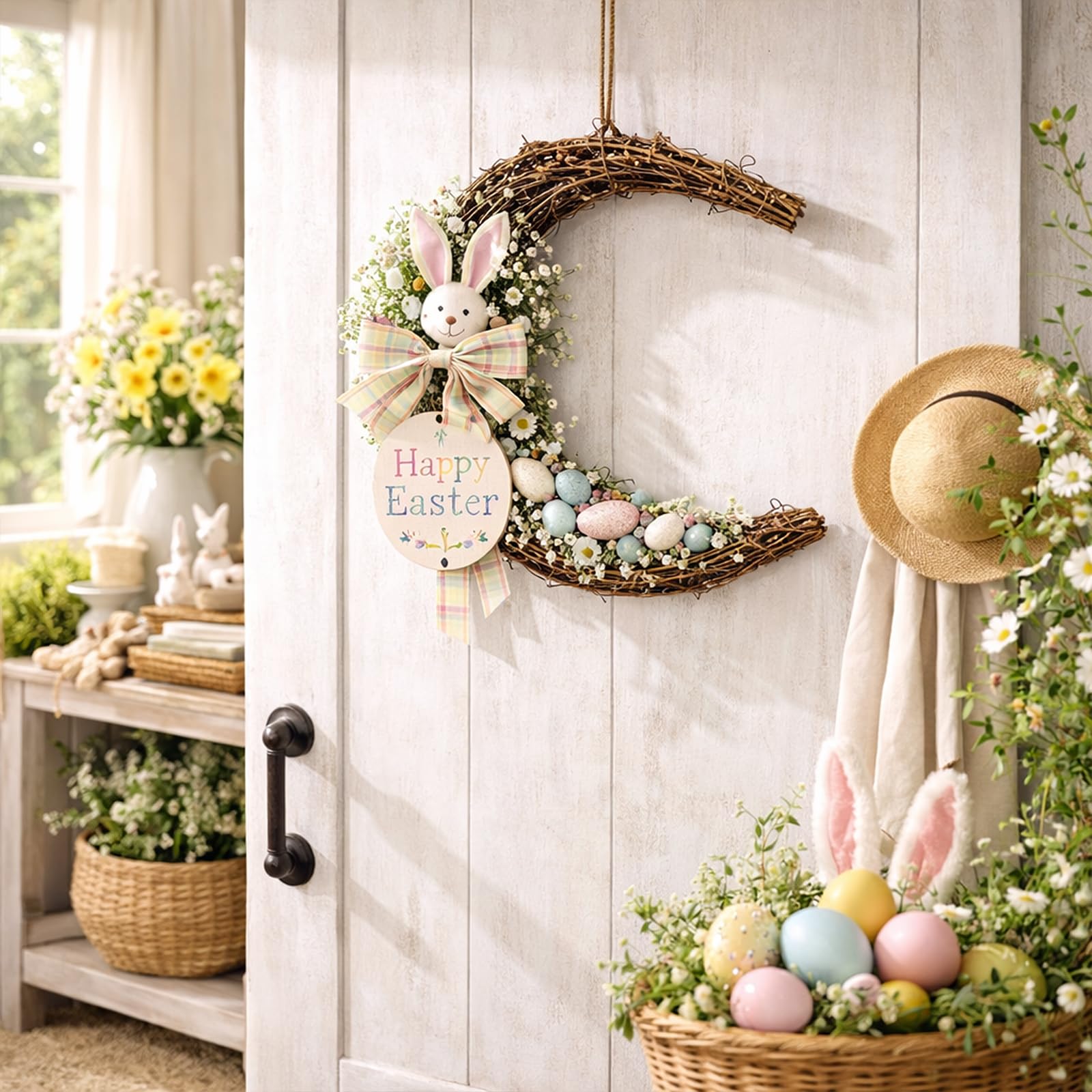NOLITOY Natural Grapevine Wreath for Front Door, 11.81 Inch Vintage Moon Shape Twig Spring Wreath for Crafts Easter Home Wall Hanging Decor Wedding Party Supplies
