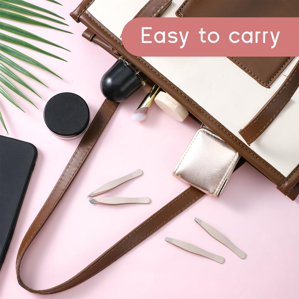 4 Pcs Mini Stainless Steel Eyebrow Tweezers Set with Leather Travel Case Gold Precision Tweezers for Eyebrows Small Portable Hair Eyebrow Tweezer for Women Men Facial Hairs Plucking Removal
