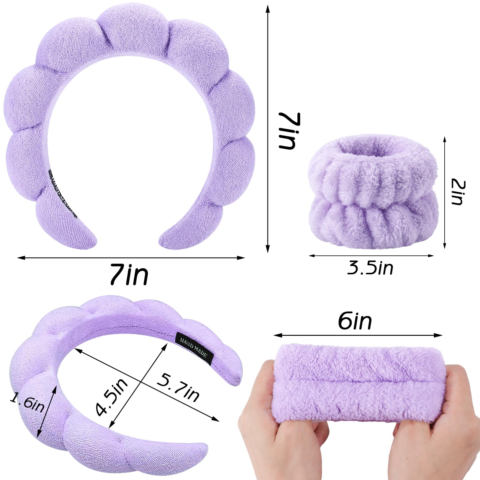 Zkptops 6Pcs Spa Headband for Washing Face Wristbands Set Women Bubble Makeup Sponge Terry Cloth Padded Puffy Skincare Headband Bow Tie Hairband Cute Non Slip Thick Hair Accessory Gifts (Purple)