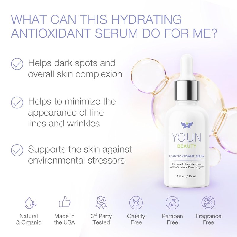 YOUN Beauty 20% Vitamin C Face Serum - Hydrating Antioxidant with Hyaluronic Acid & Vitamin E | 60 ml