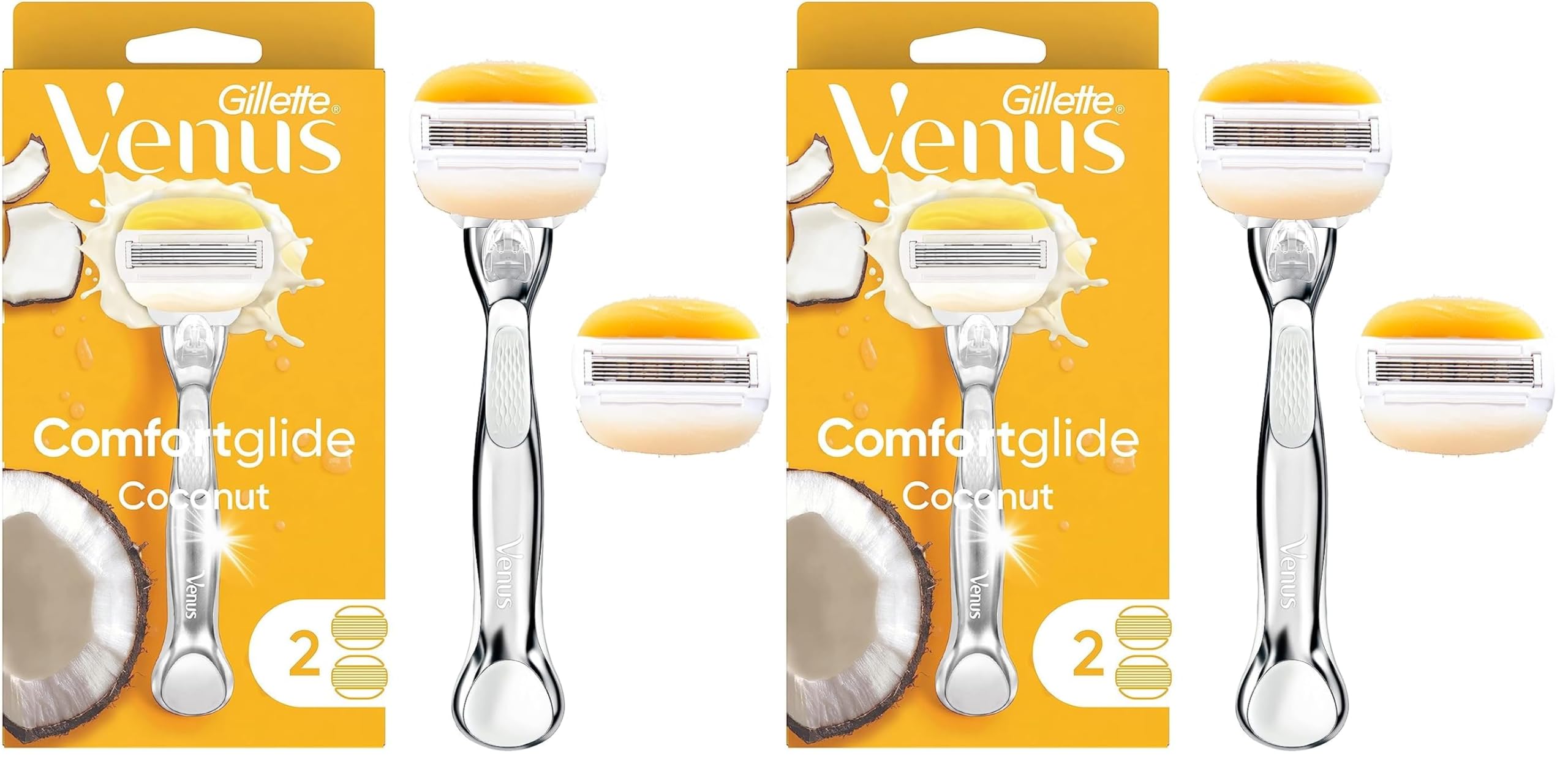 Gillette Venus Comfortglide with Olay Coconut Womens Razor Handle + Blade Refills, Silver, 2 Count (Pack of 2)
