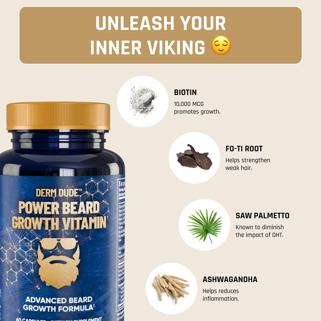 Derm Dude Power Beard Growth Vitamins for Men | With Biotin 10K MCG, Zinc B12 Saw Palmetto & Keratin for Healthier Thicker Fuller & Stronger Facial Hair | Restore Hair Breakage & Thinning, 60 Capsules