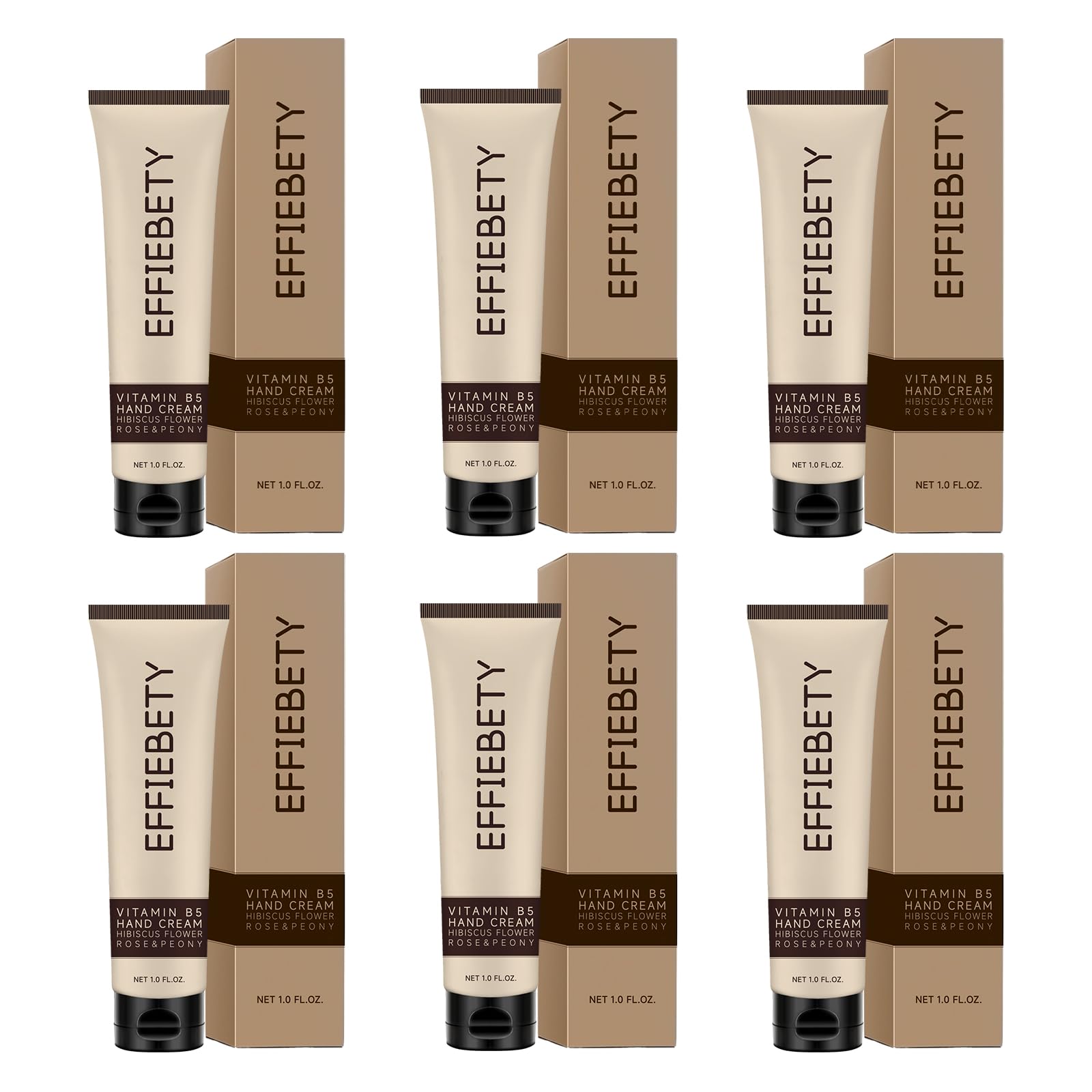 EFFIEBETY Vitamin B5 Hand Cream 6 Pack, Fast-Absorbing & Non-Greasy for Deeply Hydrated, Soft Skin, Infused with Hibiscus Flower, Rose & Peony, Vegan & Cruelty-Free (1 fl oz)