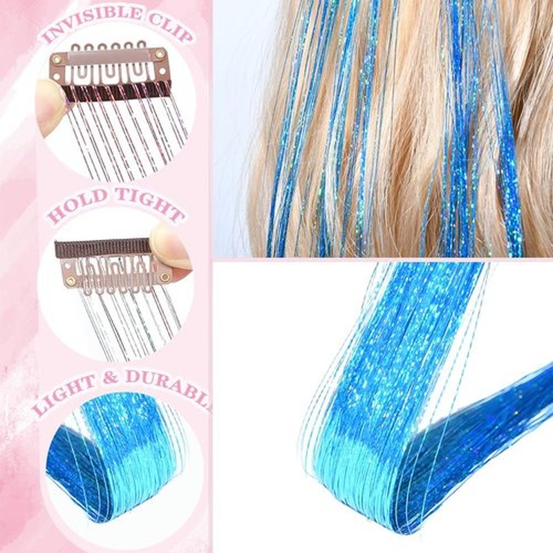 Hair Tinsel Clip in12 Pcs Blue Hair Tinsel Kit for Girls 22 Inch Glitter Fairy Tinsel Hair Extensions Colorful Heat Resistant Party Festival Accessories for Women (Blue)